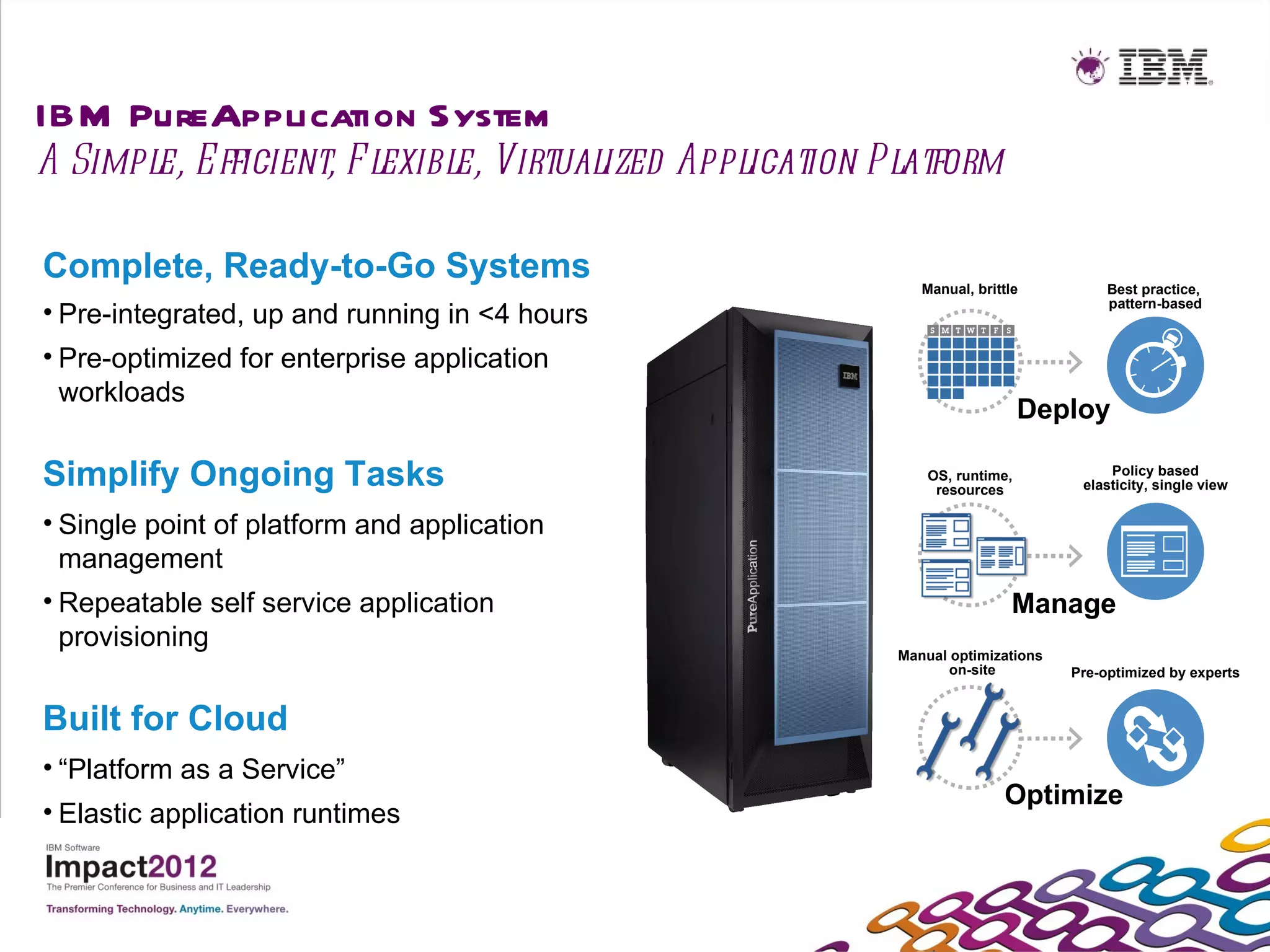 IBM PureApplication System
A Simple, E fficient, F lexible, Virtualized Application Platform

Complete, Ready-to-Go Systems                               Manual, brittle          Best practice,
                                                                                     pattern-based
• Pre-integrated, up and running in <4 hours
• Pre-optimized for enterprise application
  workloads
                                                                            Deploy

Simplify Ongoing Tasks                                       OS, runtime,
                                                              resources
                                                                                     Policy based
                                                                                 elasticity, single view


• Single point of platform and application
  management
• Repeatable self service application                                     Manage
  provisioning
                                                         Manual optimizations
                                                                on-site         Pre-optimized by experts


Built for Cloud
• “Platform as a Service”
                                                                        Optimize
• Elastic application runtimes
 