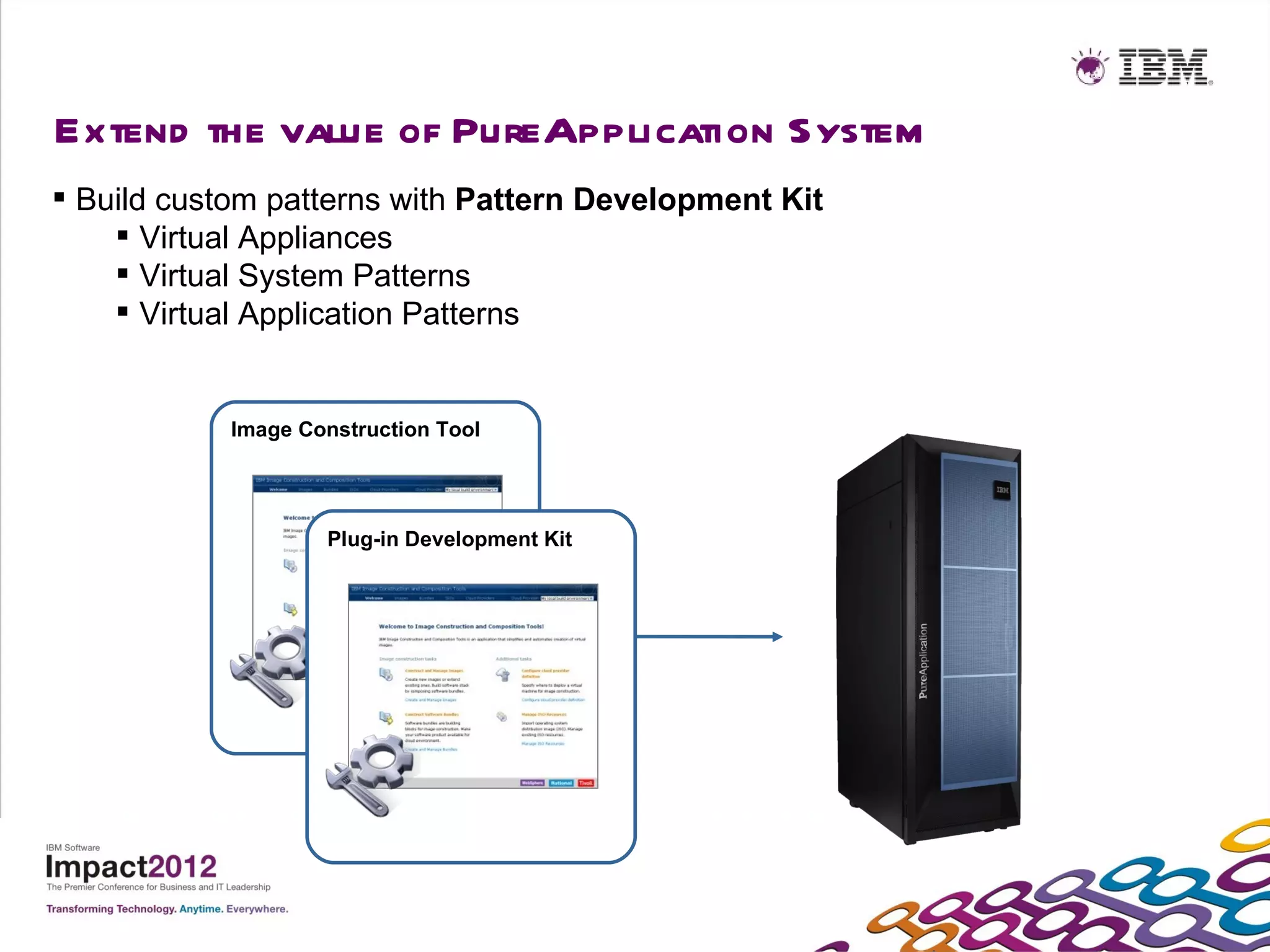 Extend the value of PureApplication System
 Build custom patterns with Pattern Development Kit
     Virtual Appliances
     Virtual System Patterns
     Virtual Application Patterns


            Image Construction Tool




                    Plug-in Development Kit
 