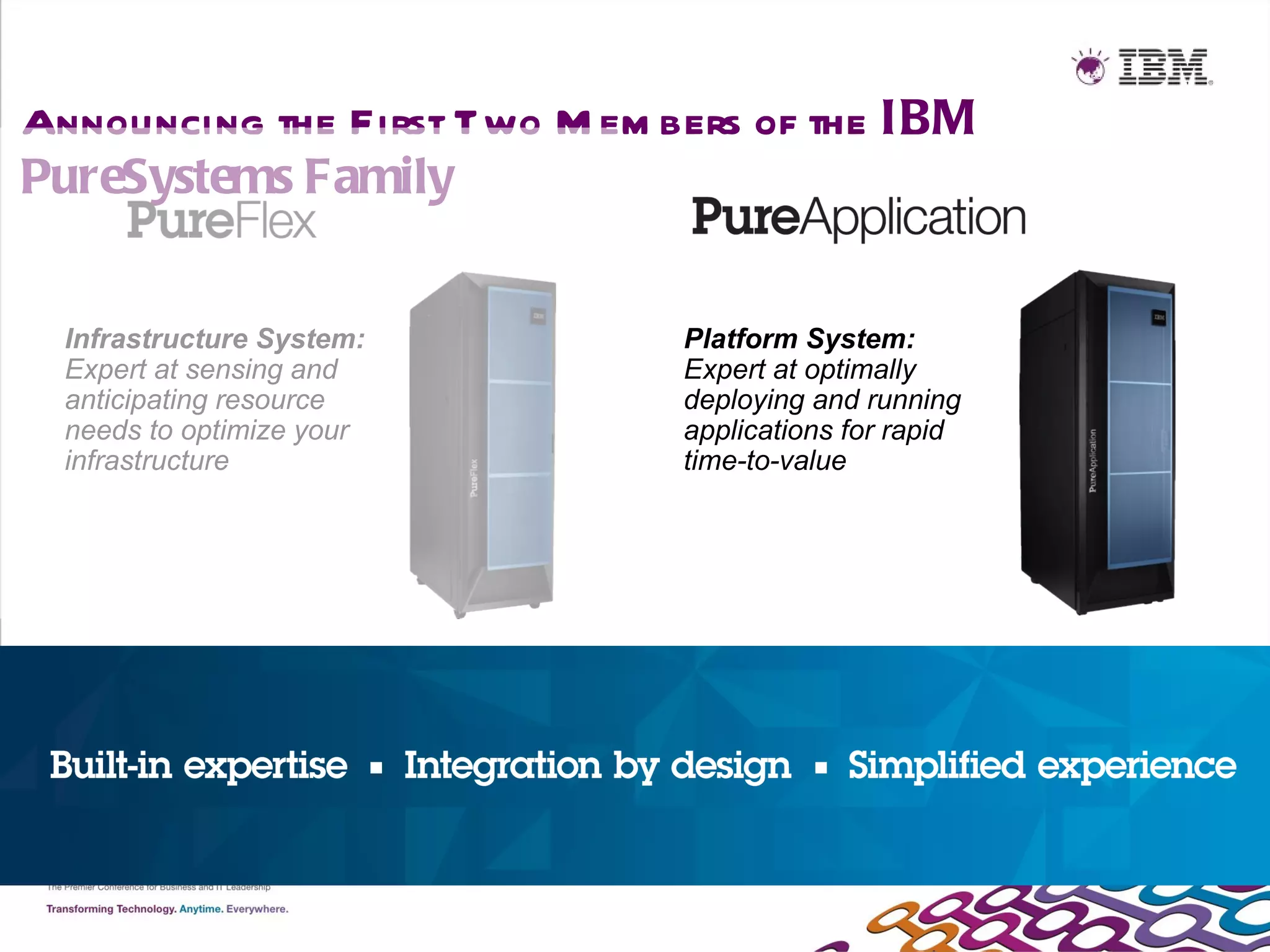 Announcing the First Two M em bers of the IBM
PureSystems Family


  Infrastructure System:       Platform System:
  Expert at sensing and        Expert at optimally
  anticipating resource        deploying and running
  needs to optimize your       applications for rapid
  infrastructure               time-to-value
 