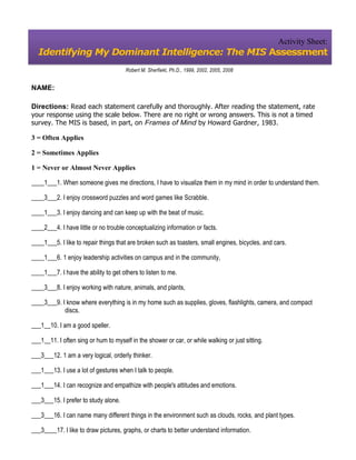 Activity Sheet:
  Identifying My Dominant Intelligence: The MIS Assessment
                                      Robert M. Sherfiekt, Ph.D., 1999, 2002, 2005, 2008


NAME:

Directions: Read each statement carefully and thoroughly. After reading the statement, rate
your response using the scale below. There are no right or wrong answers. This is not a timed
survey. The MIS is based, in part, on Frames of Mind by Howard Gardner, 1983.

3 = Often Applies

2 = Sometimes Applies

1 = Never or Almost Never Applies

____1___1. When someone gives me directions, I have to visualize them in my mind in order to understand them.

____3___2. I enjoy crossword puzzles and word games like Scrabble.

____1___3. I enjoy dancing and can keep up with the beat of music.

____2___4. I have little or no trouble conceptualizing information or facts.

____1___5. I like to repair things that are broken such as toasters, small engines, bicycles, and cars.

____1___6. 1 enjoy leadership activities on campus and in the community,

____1___7. I have the ability to get others to listen to me.

____3___8. I enjoy working with nature, animals, and plants,

____3___9. I know where everything is in my home such as supplies, gloves, flashlights, camera, and compact
            discs.

___1__10. I am a good speller.

___1__11. I often sing or hum to myself in the shower or car, or while walking or just sitting.

___3___12. 1 am a very logical, orderly thinker.

___1___13. I use a lot of gestures when I talk to people.

___1___14. I can recognize and empathize with people's attitudes and emotions.

___3___15. I prefer to study alone.

___3___16. I can name many different things in the environment such as clouds, rocks, and plant types.

___3____17. I like to draw pictures, graphs, or charts to better understand information.
 