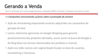 Gerando a Venda
Foco na utilização dos canais Google (pesquisa, shopping), RMKT, Facebook e Instagram para gerar a venda
=> Campanhas comunicando usuários sobre a promoção da semana
• Ação de remarketing impactando usuários adquiridos nas campanhas de
geração de lead
• Lances altamente agressivos no Google Shopping para garantir
posicionamento dos produtos ofertados, assim como na busca do Google e
do Bing (foco nos termos relacionados aos produtos e marcas)
• Ação nas redes sociais com segmentação focada na base de usuários,
remarketing e interesses
 