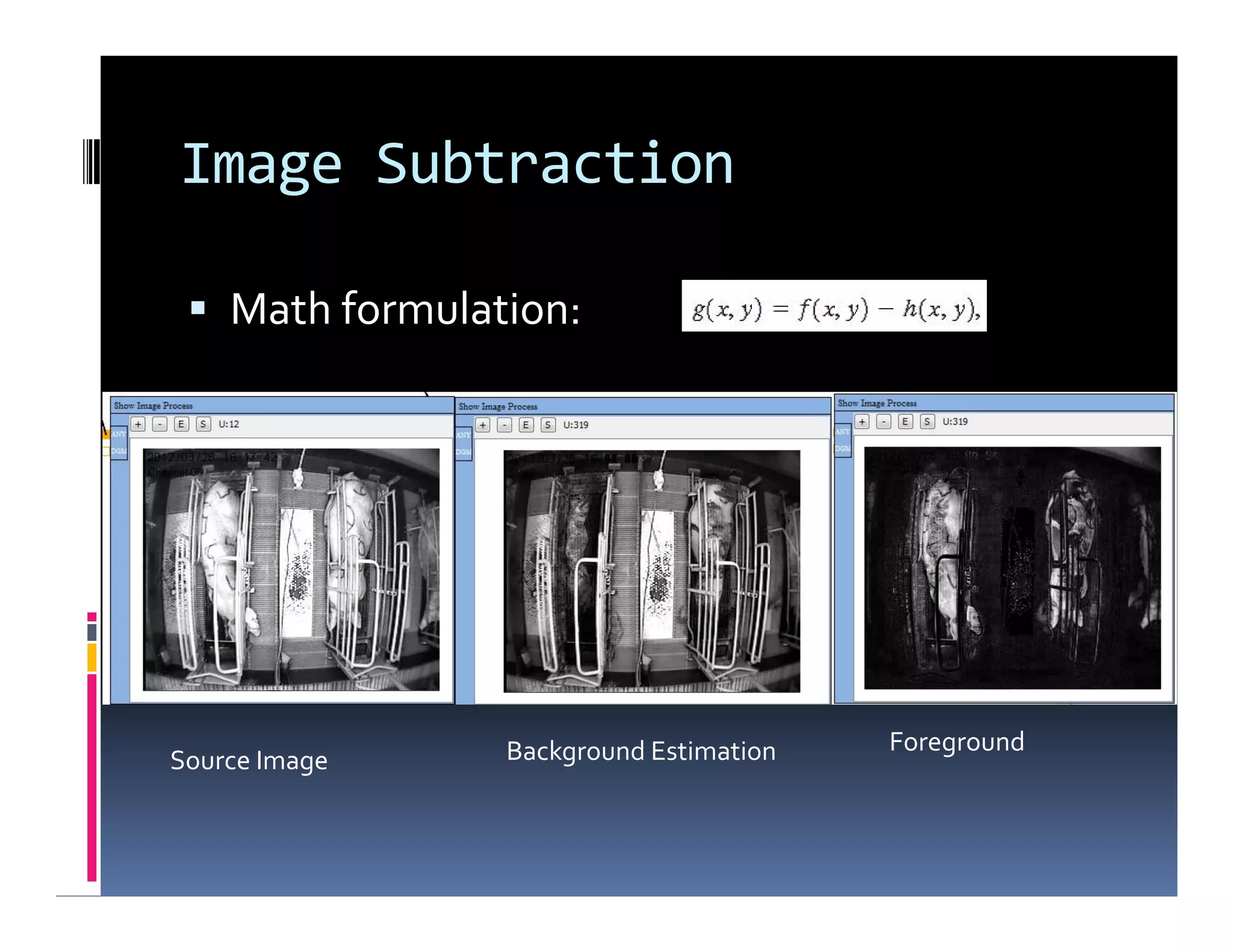 Image Subtraction
 Math formulation:
Background EstimationSource Image
Foreground
 