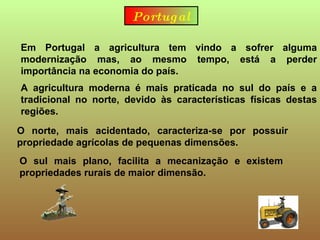 Portugal Em Portugal a agricultura tem vindo a sofrer alguma modernização mas, ao mesmo tempo, está a perder importância na economia do país. A agricultura moderna é mais praticada no sul do país e a tradicional no norte, devido às características físicas destas regiões.   O norte, mais acidentado, caracteriza-se por possuir propriedade agrícolas de pequenas dimensões. O sul mais plano, facilita a mecanização e existem propriedades rurais de maior dimensão.   