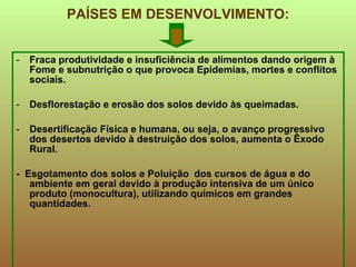 PAÍSES EM DESENVOLVIMENTO: Fraca produtividade e insuficiência de alimentos dando origem à Fome e subnutrição o que provoca Epidemias, mortes e conflitos sociais. Desflorestação e erosão dos solos devido às queimadas. Desertificação Física e humana, ou seja, o avanço progressivo dos desertos devido à destruição dos solos, aumenta o Êxodo Rural. -  Esgotamento dos solos e Poluição dos cursos de água e do ambiente em geral devido à produção intensiva de um único produto (monocultura), utilizando químicos em grandes quantidades. 