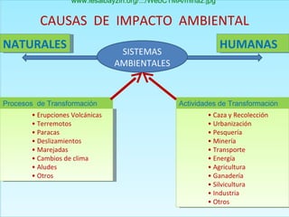 CAUSAS  DE  IMPACTO  AMBIENTAL SISTEMAS AMBIENTALES Actividades de Transformación •  Caza y Recolección •  Urbanización •  Pesquería •  Minería •  Transporte •  Energía •  Agricultura •  Ganadería •  Silvicultura •  Industria •  Otros NATURALES HUMANAS Procesos  de Transformación •  Erupciones Volcánicas •  Terremotos •  Paracas •  Deslizamientos •  Marejadas •  Cambios de clima •  Aludes •  Otros www.iesalbayzin.org/.../WebCTMA/mina2.jpg   