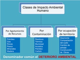 ++++++ Petróleo Gas  Rocas Pesca Minerales Madera Residuos  Térmica Municipal Acústica Petróleo Carbón Desmonte Compactación del suelo Cambio de paisaje Construcción de  Obras  Denominador común el  DETERIORO AMBIENTAL 