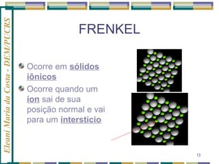 Eleani Maria da Costa - DEM/PUCRS

FRENKEL
Ocorre em sólidos
iônicos
Ocorre quando um
íon sai de sua
posição normal e vai
para um interstício

13

 