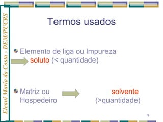 Eleani Maria da Costa - DEM/PUCRS

Termos usados
Elemento de liga ou Impureza
soluto (< quantidade)

Matriz ou
Hospedeiro

solvente
(>quantidade)
19

 