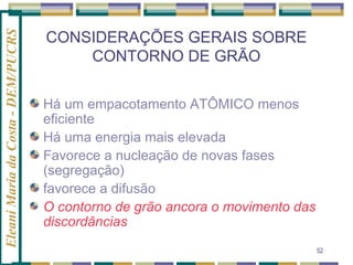 Eleani Maria da Costa - DEM/PUCRS

CONSIDERAÇÕES GERAIS SOBRE
CONTORNO DE GRÃO
Há um empacotamento ATÔMICO menos
eficiente
Há uma energia mais elevada
Favorece a nucleação de novas fases
(segregação)
favorece a difusão
O contorno de grão ancora o movimento das
discordâncias
52

 