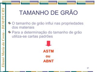 Eleani Maria da Costa - DEM/PUCRS

TAMANHO DE GRÃO
O tamanho de grão influi nas propriedades
dos materiais
Para a determinação do tamanho de grão
utiliza-se cartas padrões

ASTM
ou
ABNT
57

 