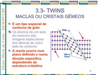 Eleani Maria da Costa - DEM/PUCRS

3.3- TWINS
MACLAS OU CRISTAIS GÊMEOS
É um tipo especial de
contorno de grão
Os átomos de um lado
do contorno são
imagens especulares
dos átomos do outro
lado do contorno
A macla ocorre num
plano definido e numa
direção específica,
dependendo da
estrutura cristalina
61

 