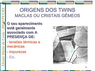 Eleani Maria da Costa - DEM/PUCRS

ORIGENS DOS TWINS
MACLAS OU CRISTAIS GÊMEOS
O seu aparecimento
está geralmente
associado com A
PRESENÇA DE:
- tensões térmicas e
mecânicas
- impurezas
- Etc.
62

 