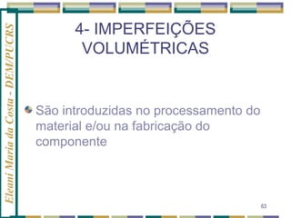 Eleani Maria da Costa - DEM/PUCRS

4- IMPERFEIÇÕES
VOLUMÉTRICAS

São introduzidas no processamento do
material e/ou na fabricação do
componente

63

 