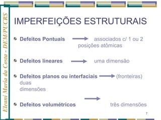 Eleani Maria da Costa - DEM/PUCRS

IMPERFEIÇÕES ESTRUTURAIS
Defeitos Pontuais

associados c/ 1 ou 2
posições atômicas

Defeitos lineares

uma dimensão

Defeitos planos ou interfaciais
duas
dimensões
Defeitos volumétricos

(fronteiras)

três dimensões
7

 