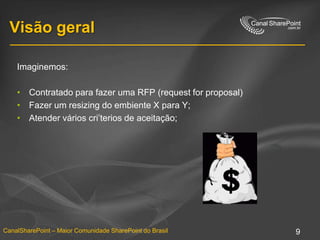 VisãogeralImaginemos:Contratado para fazer uma RFP (request for proposal)Fazer um resizing do embiente X para Y;Atender vários cri’terios de aceitação;