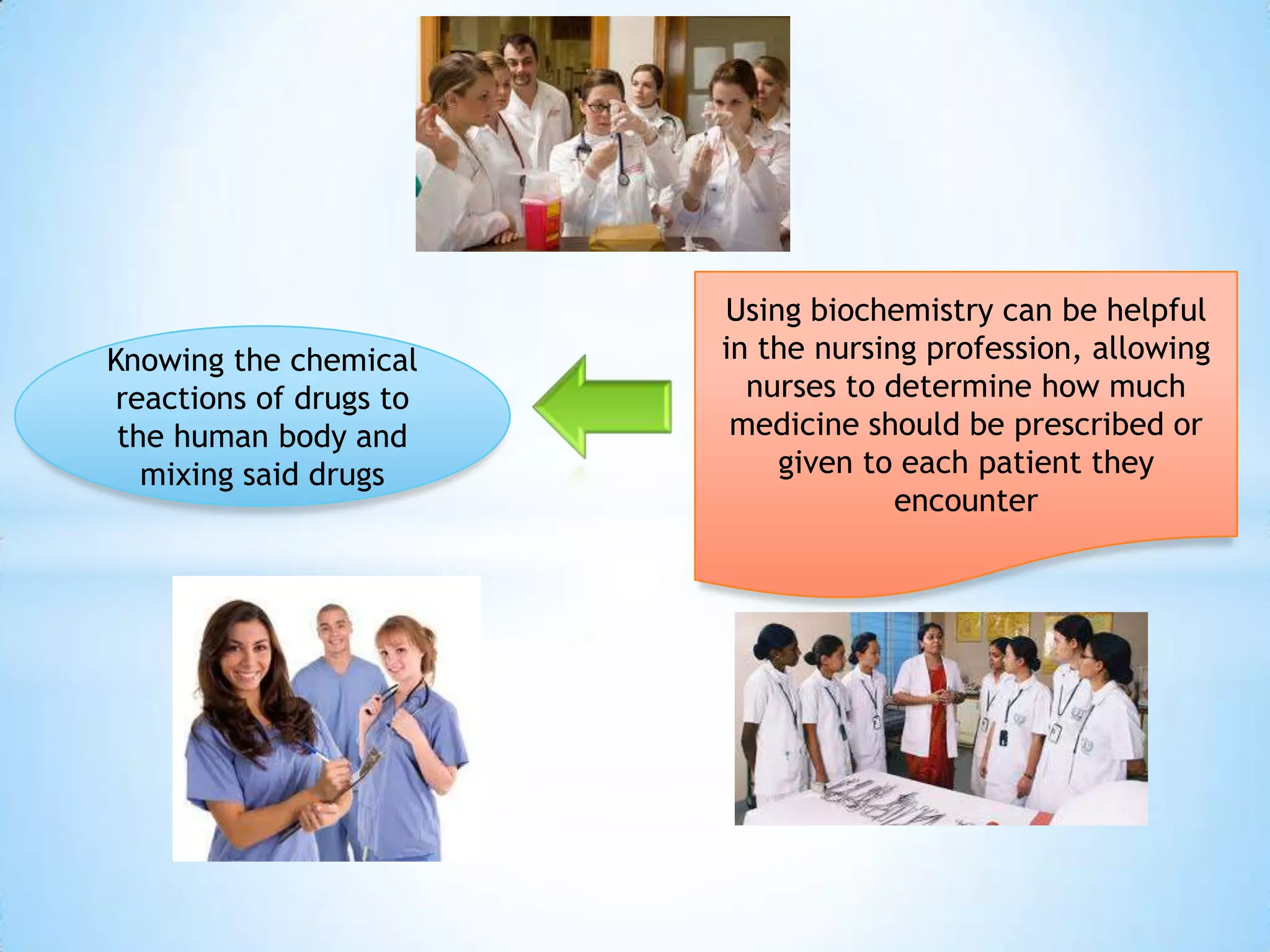 Using biochemistry can be helpful
Knowing the chemical     in the nursing profession, allowing
 reactions of drugs to     nurses to determine how much
 the human body and       medicine should be prescribed or
   mixing said drugs         given to each patient they
                                      encounter
 