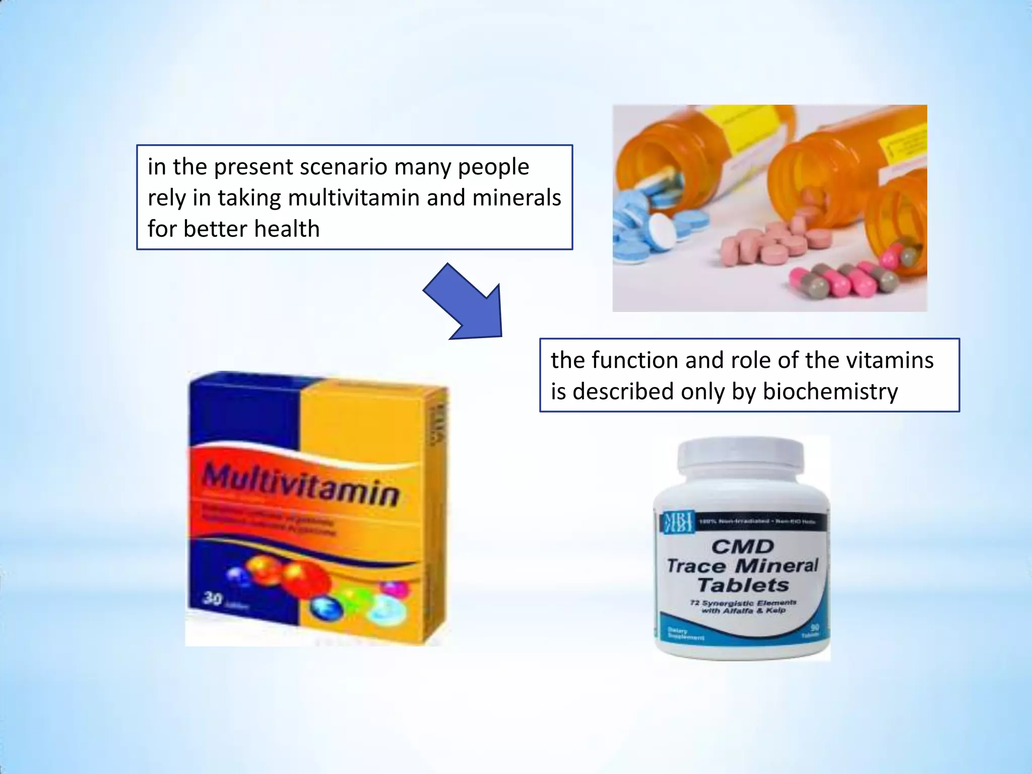 in the present scenario many people
rely in taking multivitamin and minerals
for better health




                                      the function and role of the vitamins
                                      is described only by biochemistry
 