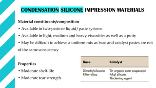 Material constituents/composition
• Available in two-paste or liquid/paste systems
• Available in light, medium and heavy viscosities as well as a putty
• May be difficult to achieve a uniform mix as base and catalyst pastes are not
of the same consistency
Properties
• Moderate shelf-life
• Moderate tear strength
 