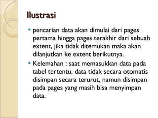 Ilustrasi pencarian data akan dimulai dari pages pertama hingga pages terakhir dari sebuah extent, jika tidak ditemukan maka akan dilanjutkan ke extent berikutnya.  Kelemahan : saat  memasukkan data pada tabel tertentu, data tidak secara otomatis disimpan secara terurut, namun disimpan pada pages yang masih bisa menyimpan data. 