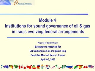 Module 4
Institutions for sound governance of oil & gas
in Iraq’s evolving federal arrangements
Prepared by David Péloquin
Background materials for
UN workshop on oil and gas in Iraq
Dead Sea Marriott Resort, Jordan
April 4-6, 2006
 