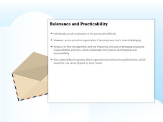 Relevance and Practicability

 Individually, results evaluation is not particularly difficult

 However, across an entire organization it becomes very much more challenging,

 Reliance on line-management, and the frequency and scale of changing structures,
 responsibilities and roles, which complicates the process of attributing clear
 accountability

 Also, external factors greatly affect organizational and business performance, which
 cloud the true cause of good or poor results
 