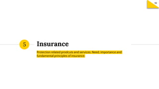 Insurance
Protection related prodcuts and services. Need, importance and
fundamental principles of insurance.
5
 