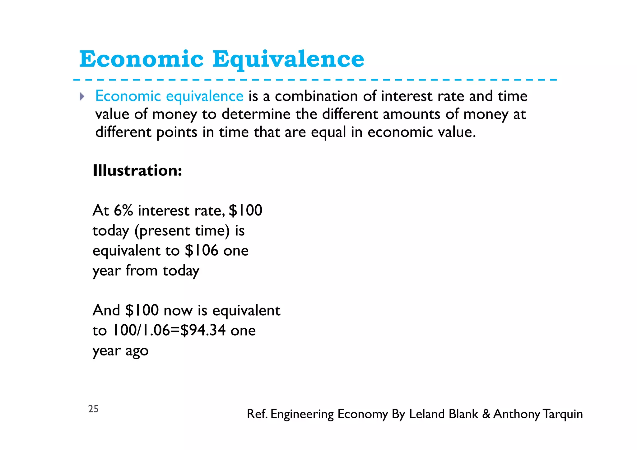 Economic Equivalence
25
Economic equivalence is a combination of interest rate and time
value of money to determine the different amounts of money at
different points in time that are equal in economic value.
Illustration:
At 6% interest rate, $100
today (present time) is
equivalent to $106 one
year from today
And $100 now is equivalent
to 100/1.06=$94.34 one
year ago
Ref. Engineering Economy By Leland Blank & AnthonyTarquin
 