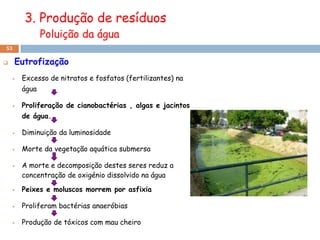 3. Produção de resíduos
                Poluição da água
53

    Eutrofização
        Excesso de nitratos e fosfatos (fertilizantes) na
         água

        Proliferação de cianobactérias , algas e jacintos
         de água.

        Diminuição da luminosidade

        Morte da vegetação aquática submersa

        A morte e decomposição destes seres reduz a
         concentração de oxigénio dissolvido na água

        Peixes e moluscos morrem por asfixia

        Proliferam bactérias anaeróbias

        Produção de tóxicos com mau cheiro
 