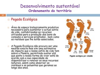 Desenvolvimento sustentável
                       Ordenamento do território
63

        Pegada Ecológica

        Área de espaço biologicamente produtivo
         necessária para sustentar o actual estilo
         de vida, contabilizados os recursos
         utilizados para a produção dos bens de
         consumo e serviços prestados , bem como
         os resíduos que lhe estão associados.

        A Pegada Ecológica não procura ser uma
         medida exacta mas sim uma estimativa
         do impacto que o nosso estilo de vida tem
         sobre o Planeta, permitindo avaliar até
         que ponto a nossa forma de viver está de
         acordo com a sua capacidade de
         disponibilizar e renovar os seus recursos
         naturais, assim como absorver os
         resíduos e os poluentes que geramos ao
         longo dos anos.
 