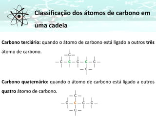 Carbono terciário: quando o átomo de carbono está ligado a outros três
átomo de carbono.
Carbono quaternário: quando o átomo de carbono está ligado a outros
quatro átomo de carbono.
Classificação dos átomos de carbono em
uma cadeia
 