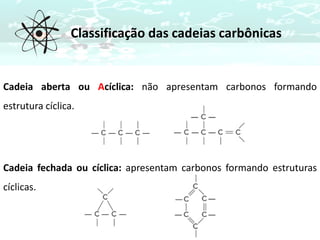 Cadeia aberta ou Acíclica: não apresentam carbonos formando
estrutura cíclica.
Cadeia fechada ou cíclica: apresentam carbonos formando estruturas
cíclicas.
Classificação das cadeias carbônicas
 