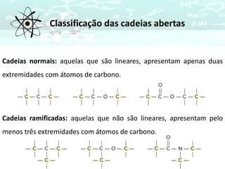 Cadeias normais: aquelas que são lineares, apresentam apenas duas
extremidades com átomos de carbono.
Cadeias ramificadas: aquelas que não são lineares, apresentam pelo
menos três extremidades com átomos de carbono.
Classificação das cadeias abertas
 