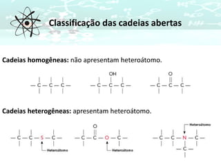 Cadeias homogêneas: não apresentam heteroátomo.
Cadeias heterogêneas: apresentam heteroátomo.
Classificação das cadeias abertas
 