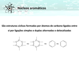 Núcleos aromáticos
São estruturas cíclicas formadas por átomos de carbono ligados entre
si por ligações simples e duplas alternadas e delocalizadas
 