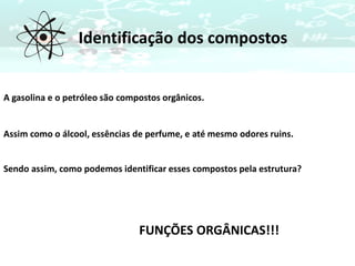Identificação dos compostos
A gasolina e o petróleo são compostos orgânicos.
Assim como o álcool, essências de perfume, e até mesmo odores ruins.
Sendo assim, como podemos identificar esses compostos pela estrutura?
FUNÇÕES ORGÂNICAS!!!
 