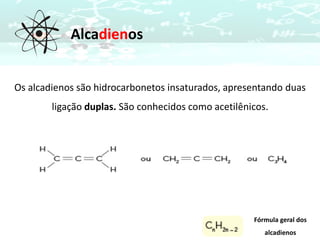 Alcadienos
Os alcadienos são hidrocarbonetos insaturados, apresentando duas
ligação duplas. São conhecidos como acetilênicos.
Fórmula geral dos
alcadienos
 