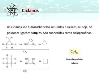 Ciclanos
Os ciclanos são hidrocarbonetos saturados e cíclicos, ou seja, só
possuem ligações simples. São conhecidos como cicloparafinas.
Fórmula geral dos
ciclanos
 