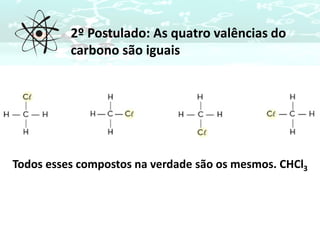 2º Postulado: As quatro valências do
carbono são iguais
Todos esses compostos na verdade são os mesmos. CHCl3
 