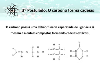 3º Postulado: O carbono forma cadeias
O carbono possui uma extraordinária capacidade de ligar-se a si
mesmo e a outros compostos formando cadeias estáveis.
 