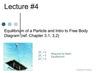 Lecture #4
ΣFx = 0
ΣFy = 0
ΣFz = 0
Required for Static
Equilibrium!!
Equilibrium of a Particle and Intro to Free Body
Diagram (ref: Chapter 3.1, 3.2)
R. Michael PE 8/14/2012
 