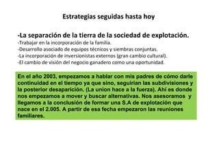 Estrategias seguidas hasta hoy -La separación de la tierra de la sociedad de explotación.  -Trabajar en la incorporación de la familia. -Desarrollo asociado de equipos técnicos y siembras conjuntas. -La incorporación de inversionistas externos (gran cambio cultural). -El cambio de visión del negocio ganadero como una oportunidad. En el año 2003, empezamos a hablar con mis padres de cómo darle continuidad en el tiempo ya que sino, seguirian las subdivisiones y la posterior desaparición. (La union hace a la fuerza). Ahí es donde nos empezamos a mover y buscar alternativas. Nos asesoramos  y llegamos a la conclusión de formar una S.A de explotación que nace en el 2.005. A partir de esa fecha empezaron las reuniones familiares. 