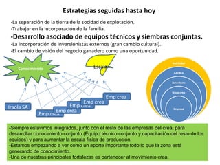 Estrategias seguidas hasta hoy -La separación de la tierra de la socidad de explotación.  -Trabajar en la incorporación de la familia. -Desarrollo asociado de equipos técnicos y siembras conjuntas. -La incorporación de inversionistas externos (gran cambio cultural). -El cambio de visión del negocio ganadero como una oportunidad. Iraola SA Emp crea  Emp crea  Emp crea  Emp crea  Emp crea  Conocimiento Escala -Siempre estuvimos integrados, junto con el resto de las empresas del crea, para desarrollar conocimiento conjunto (Equipo técnico conjunto y capacitación del resto de los equipos) y para aumentar la escala física de producción.  -Estamos empezando a ver como un aporte importante todo lo que la zona está generando de conocimiento. -Una de nuestras principales fortalezas es pertenecer al movimiento crea.  