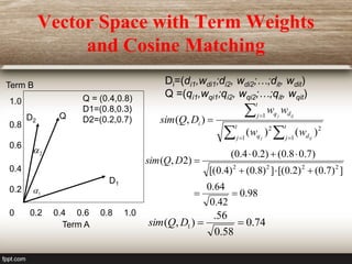 Vector Space with Term Weights
and Cosine Matching
1.0
0.8
0.6
0.4
0.2
0.8
0.6
0.4
0.2
0 1.0
D2
D1
Q
1

2

Term B
Term A
Di=(di1,wdi1;di2, wdi2;…;dit, wdit)
Q =(qi1,wqi1;qi2, wqi2;…;qit, wqit)
 

 


t
j
t
j d
q
t
j d
q
i
ij
j
ij
j
w
w
w
w
D
Q
sim
1 1
2
2
1
)
(
)
(
)
,
(
Q = (0.4,0.8)
D1=(0.8,0.3)
D2=(0.2,0.7)
98
.
0
42
.
0
64
.
0
]
)
7
.
0
(
)
2
.
0
[(
]
)
8
.
0
(
)
4
.
0
[(
)
7
.
0
8
.
0
(
)
2
.
0
4
.
0
(
)
2
,
(
2
2
2
2









D
Q
sim
74
.
0
58
.
0
56
.
)
,
( 1 

D
Q
sim
 