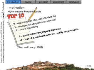 introduction    review       proposal   assessment   conclusion

                                                     motivation
                                                    Higher-severity Problem Factors
Isabel Lopes Margarido, 6th of June 2012, Coimbra




                                                             (Chen and Huang, 2009)




                                                                                                                       20
                                                                                                                      20/27
 