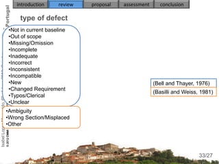 introduction      review   proposal   assessment     conclusion

                                                         type of defect
                                                     •Not in current baseline
                                                     •Out of scope
                                                     •Missing/Omission
                                                     •Incomplete
Isabel Lopes Margarido, 6th of June 2012, Coimbra




                                                     •Inadequate
                                                     •Incorrect
                                                     •Inconsistent
                                                     •Incompatible
                                                     •New                                                  (Bell and Thayer, 1976)
                                                     •Changed Requirement
                                                                                                           (Basilli and Weiss, 1981)
                                                     •Typos/Clerical
                                                     •Unclear
                                                    •Ambiguity
                                                    •Wrong Section/Misplaced
                                                    •Other



                                                                                                                               33
                                                                                                                              33/27
 