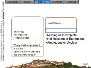 Isabel Lopes Margarido, 6th of June 2012, Coimbra   introduction    review      proposal       assessment   conclusion




                                                                                           •Unachievable


                                                          •Incorrect
                                                          •Inconsistent                    •Missing or Incomplete
                                                          •Typos/Clerical                  •Not Relevant or Extraneous
                                                                                           •Ambiguous or Unclear
                                                         •Wrong Section/Misplaced
                                                         •Infeasible
                                                         •Untestable/Non-verifiable
                                                         •Redundant/Duplicate

                                                                                                                          58
                                                                                                                         58/27
 