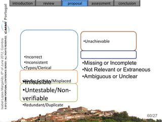 Isabel Lopes Margarido, 6th of June 2012, Coimbra   introduction    review      proposal       assessment   conclusion




                                                                                           •Unachievable


                                                          •Incorrect
                                                          •Inconsistent                    •Missing or Incomplete
                                                          •Typos/Clerical                  •Not Relevant or Extraneous
                                                                                           •Ambiguous or Unclear
                                                         •Infeasible
                                                         •Wrong Section/Misplaced

                                                         •Untestable/Non-
                                                         verifiable
                                                         •Redundant/Duplicate
                                                                                                                          60
                                                                                                                         60/27
 