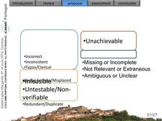 introduction    review      proposal      assessment   conclusion




                                                                                           •Unachievable
Isabel Lopes Margarido, 6th of June 2012, Coimbra




                                                          •Incorrect
                                                          •Inconsistent                    •Missing or Incomplete
                                                          •Typos/Clerical                  •Not Relevant or Extraneous
                                                                                           •Ambiguous or Unclear
                                                         •Infeasible
                                                         •Wrong Section/Misplaced

                                                         •Untestable/Non-
                                                         verifiable
                                                         •Redundant/Duplicate
                                                                                                                         61
                                                                                                                        61/27
 