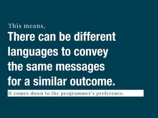 There can be different
languages to convey
the same messages
for a similar outcome.
This means,
It comes down to the programmer’s preference.
 