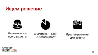 Ищем решение
15
Маркетологи ≠
программисты
Аналитика — один
из этапов работ
Простое решение
для работы
 